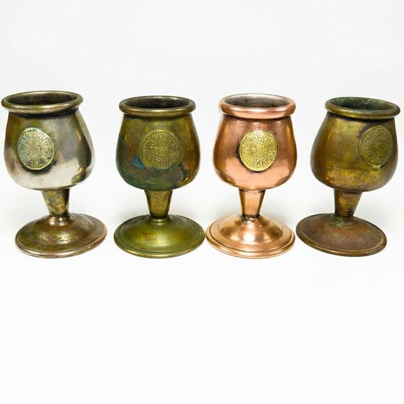 VINTAGE COPPER SET 4/6 CORDIAL SHOT GLASSES GOBLET TRAY MAYAN AZTEC CALENDAR - Picture 9 of 12